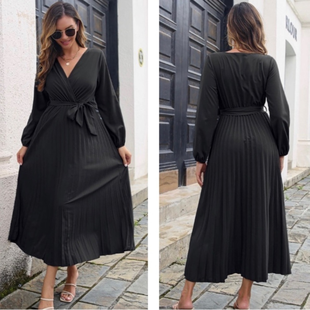 Black Pleated Long Sleeve Surplice Maxi Dress